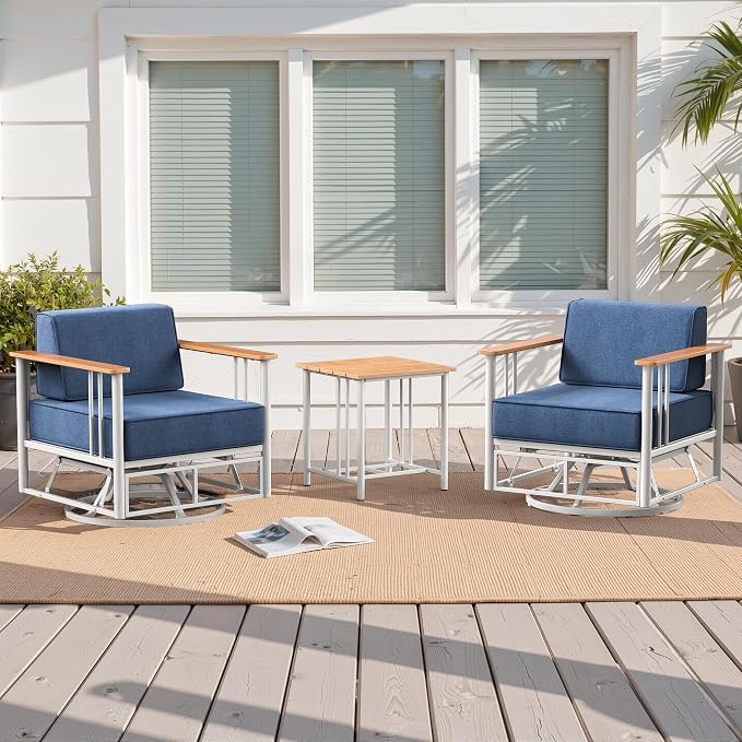 Luxury Swivel Patio Chairs with 6" Extra Thick Cushions, Outdoor Swivel Chairs with Side Table, Outdoor Patio Bistro Glider for Porch, Balcony, Deck, Patio, Yard, Poolside, White/Blue