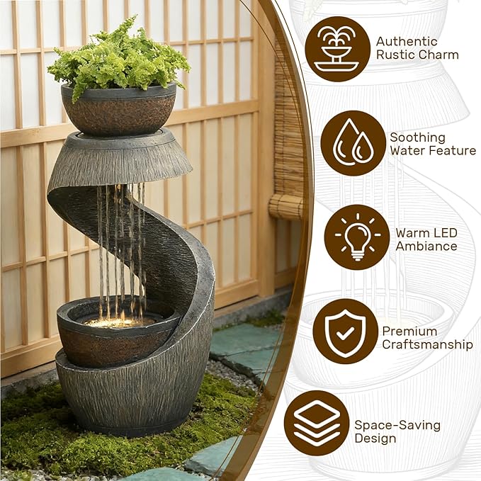 Bumilgar 31.9" Outdoor Water Fountain with Lights, Modern S-Shaped Waterfall Fountain Garden with Bowl, Resin Outside Water Feature for Garden Patio Yard Deck Balcony, Indoor Outdoor Water Fountains