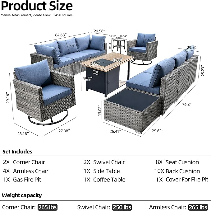 11 Piece Outdoor Patio Furniture Set with 46" Fire Pit Table, Wicker Sectional Conversation Set Whit Swivel Chairs,Modern Outside Sofa for Balcony Backyard(Blue)