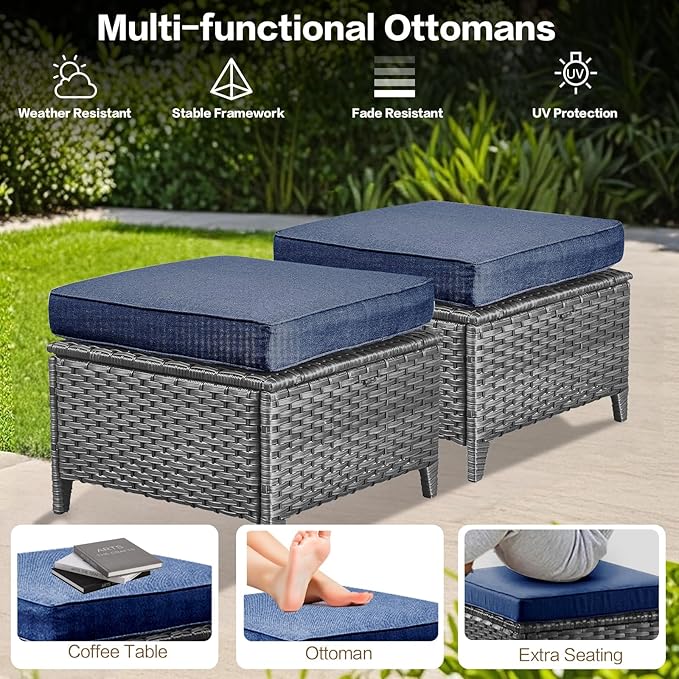 5 Pieces Outdoor Patio Furniture Conversation Set PE Rattan Wicker with a 3-Seater Sofa, 2 Armchairs, 2 Outdoor Ottomans for Yard Backyard (Grey/Navy Blue)
