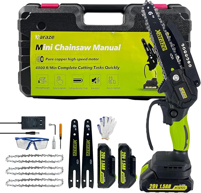 6 Inch Mini Chainsaw Cordless, 6 Inch Handheld Electric Chainsaws with 2*Batterie 3*Chains 2*Guide Bar, Small Chain Saw Battery Powered for Garden and Tree Trimmer, Ideal Gift for Elder Women and Man