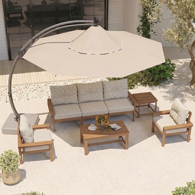HDPE Outdoor Patio Furniture Set, 6-Piece Patio Conversation Sets with Coffee Table & Side Table & Beige Washable Thick Cushions, Outdoor Sofa for Balcony, Porch, Poolside (Teak Frame)