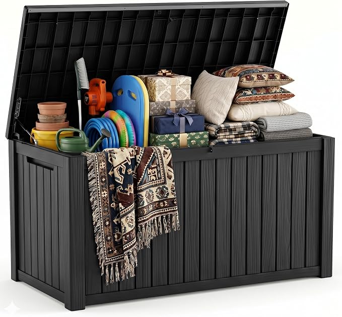 230 Gallon Outdoor Storage Box, Large Resin Deck Box, Waterproof Lockable Storage Container Bins, Reinforced Stability for Patio, Garden and Poolside, Black