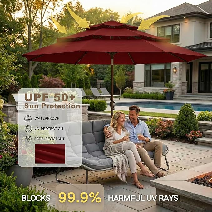 Kingdura 9ft 3-Tier Patio Umbrella, Outdoor Table Umbrella with Easy Crank & Tilt, 8 Reinforced Ribs, UV Protection for Deck, Pool, Market, Backyard (Dark red)