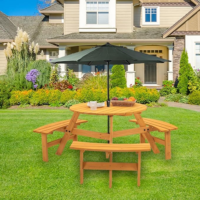 6 Person Outdoor Picnic Table with 3 Built-in Benches Round Wood Picnic Table with Umbrella Hole, Outside Picnic Tables and Bench Set for Garden,Patio, Backyard,1720LBS Total Capacity,Natural