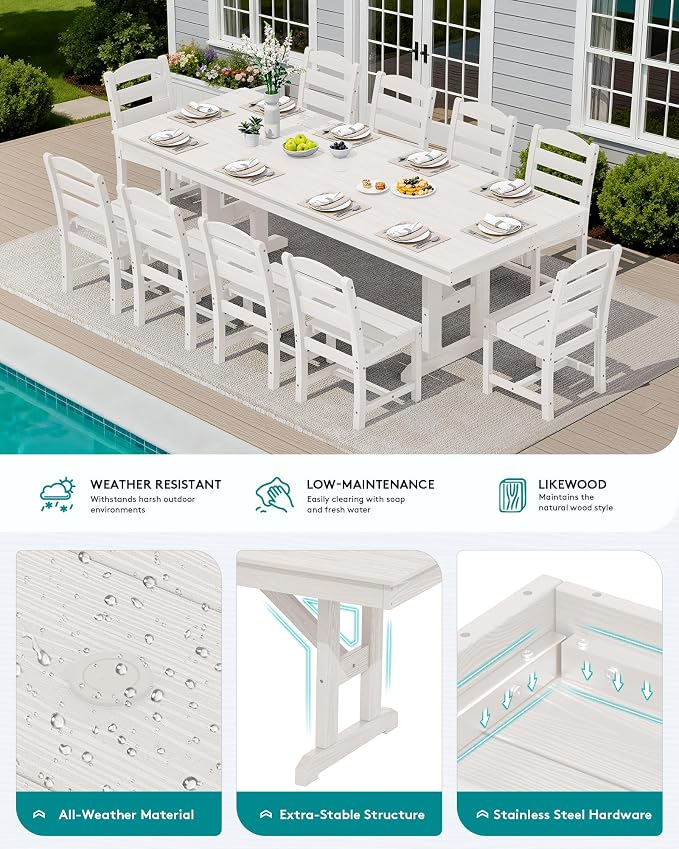 SERWALL 10 Piece Outdoor Dining Set with 15ft Triple-Head Foldable Umbrella(Based not Included), 84" HDPE Outdoor Table and Armless Chairs Set for 8, White