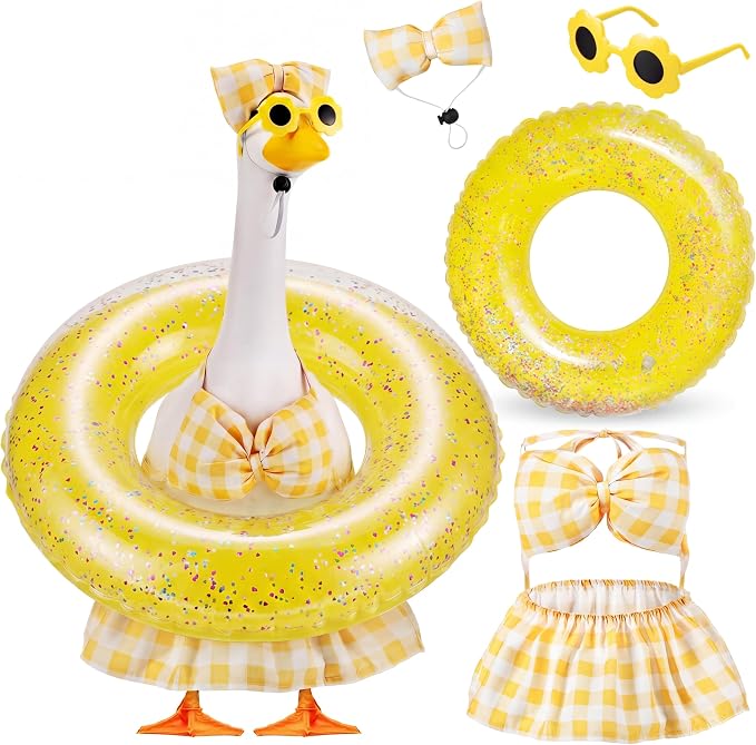 Bikini Porch Goose Outfits with Sunglasses and Swimming Tube for 23" Summer Goose Costume Garden Patio Statue Decor(Yellow Plaid)