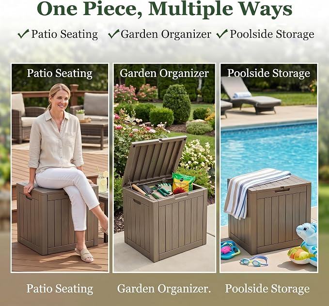 35 Gallon Deck Box Outdoor Waterproof, Resin Storage Box Outdoor Lockable, Multipurpose Outside Container for Patio Cushions, Garden Tools & Package Drop, UV & Fade Resistant, Brown