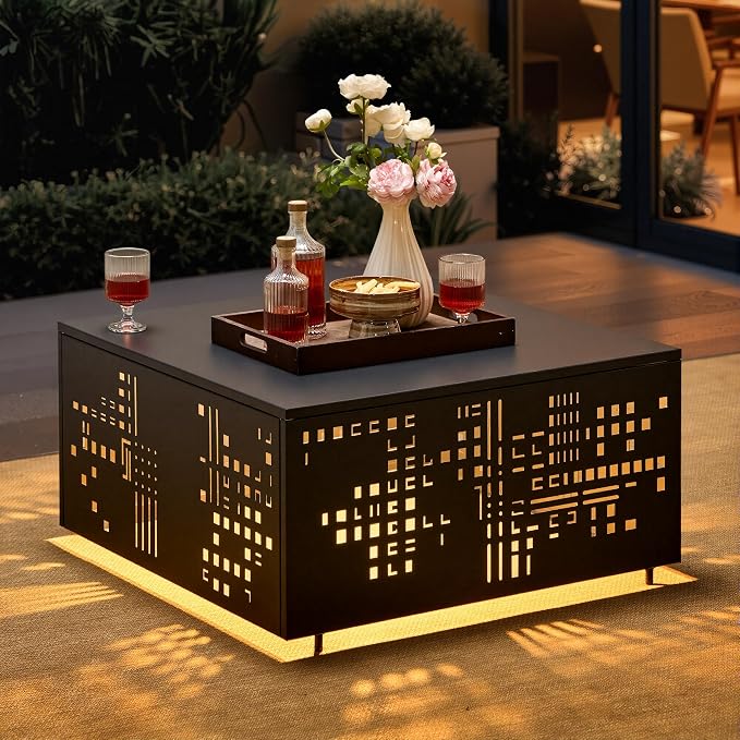 ovios 27" Outdoor Coffee Table with Solar Light, Patio Metal Table with Umbrella Hole and Cut-Out Design, Weatherproof Square Side Tables for Deck Porch Balcony Garden Backyard, Black