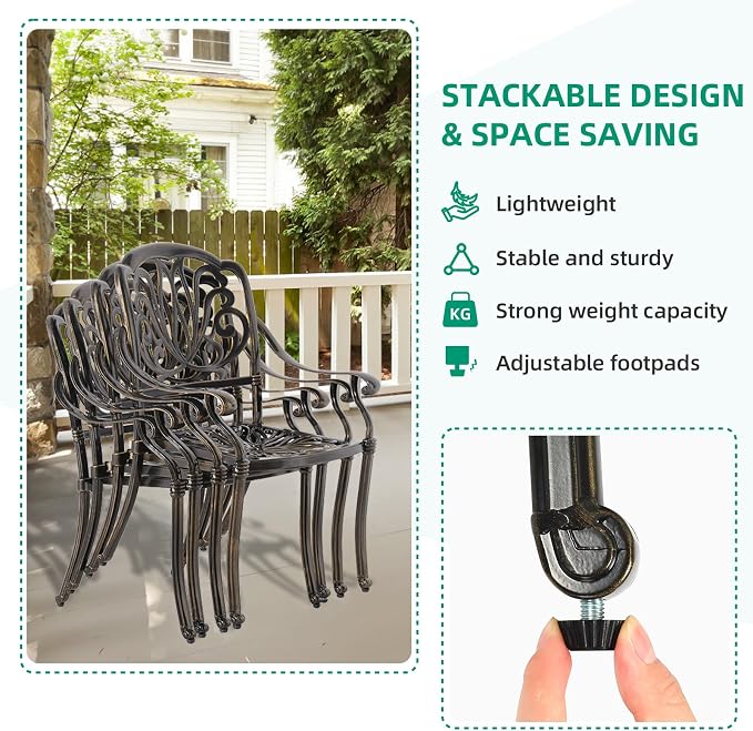VIVIJASON 9-Piece Outdoor Furniture Dining Set, All-Weather Cast Aluminum Patio Conversation Set, Include 6 Stationary Chairs, 2 Swivel Dining Chairs, Oval Table with Umbrella Hole, Ocean Blue Cushion