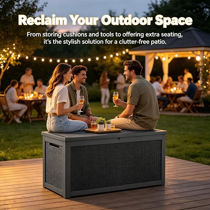 328 Gallon Waterproof Outdoor Storage Box, Heavy Duty Resin Deck Box Lockable, Large Outside Patio Storage Bench for Garden Tools & Pool Accessories, Hydraulic Lift, All-Season UV-Resistant, Black