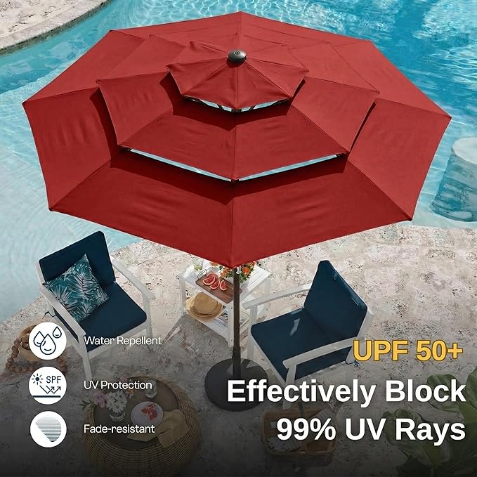 10ft 3 Tier Patio Umbrella, Outdoor Market Table Umbrella with UPF 50+ Vented Canopy, 8 Sturdy Ribs, Easy Push Button Tilt and Crank, Windproof for Deck, Pool, Backyard and Garden