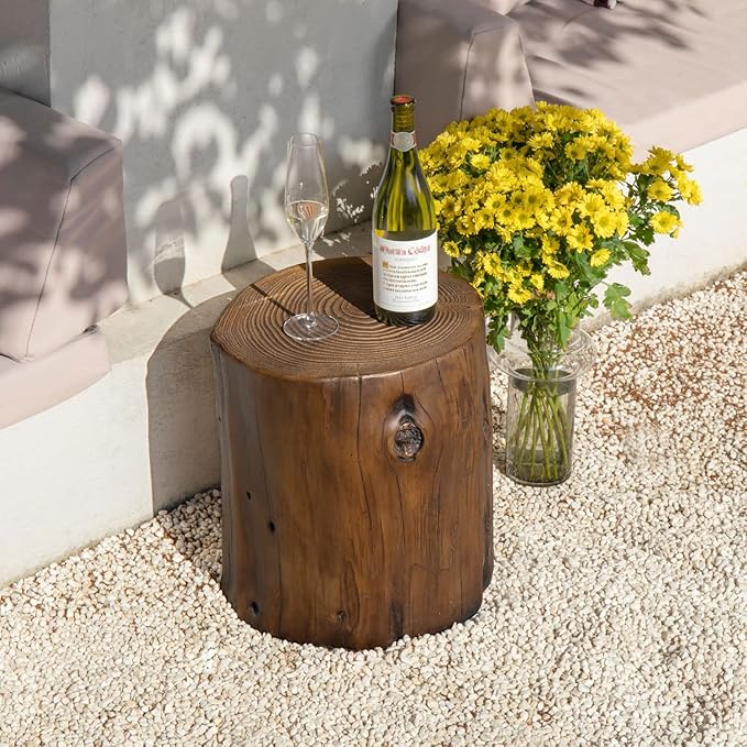 COSIEST 2 Pieses Outdoor Side Table, Hand-Painted Wood Stump Side Table Set of 2, Faux Wood Stool, Ottomans, Plant Stand, Deck or Garden (Black Walnut)