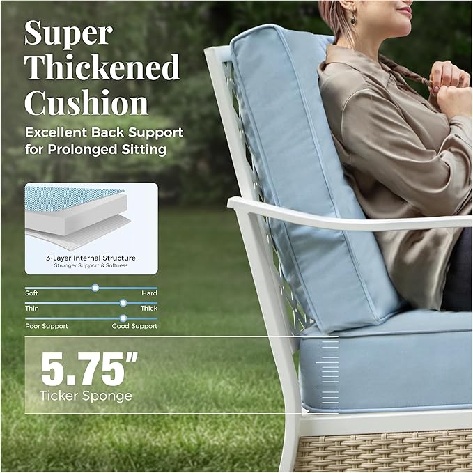 5 Piece Metal Patio Furniture Set, 7-Seat All Weather Outdoor Conversation Set with 3-Seat Sofa & 2 Swivel Chairs & Love Seat, Outdoor Sofa Set for Backyard, Deck, Garden, White/Blue