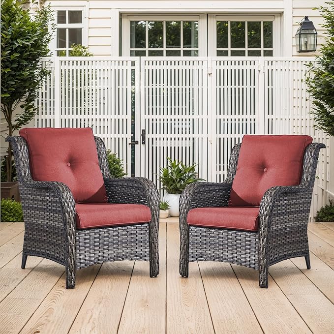 Belord Patio Chairs Set of 2-300 LBS Weight Capacity Outdoor Wicker Chairs with High Backrest Removable Cushion, All Weather Outdoor Seating Rattan Dining Chairs for Porch Balcony Backyard Grey
