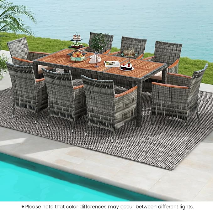 Tangkula 9 Pieces Outdoor Wicker Dining Set, Patio Dining Furniture Set with Acacia Wood Table and 8 Armchairs, Outdoor Table and Chairs Set with 1.96” Umbrella Hole and Cushions