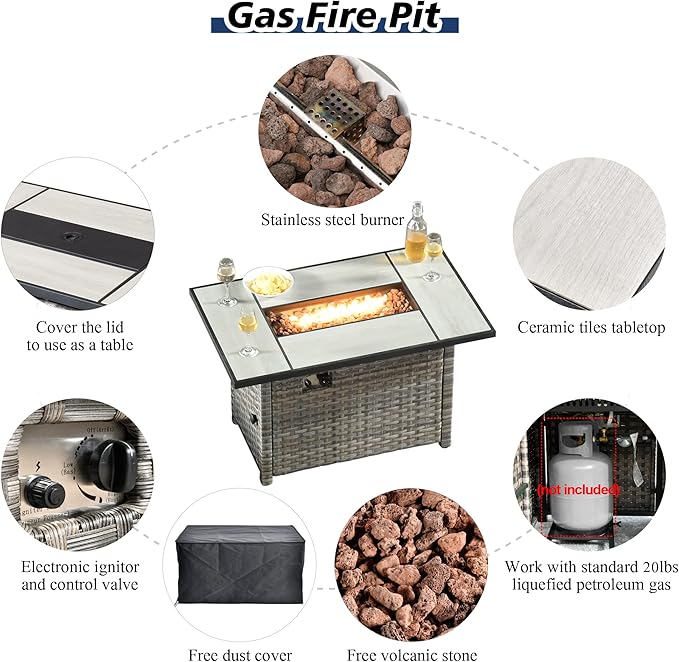 HOOOWOOO 13 Piece Modular Patio Outdoor Sectional Furniture Set with Gas Propane Fire Pit Table,Wicker Conversation Sofa Set,Out Door Couch Set with Wide Arm Outside(Navy Blue)