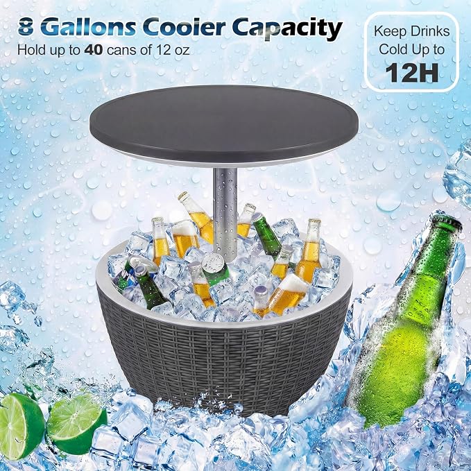 LDAILY Outdoor Cooler Bar Table, 8 Gallon Outdoor Patio Cooler Table with Rattan Style Patio, Drain Plug, Adjustable Height, All-Weather Ice Bucket for Poolside, Beer and Wine Cooler(Grey)