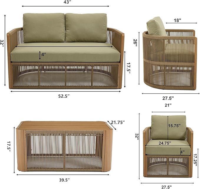4 Piece Patio Furniture Set, Aluminum Patio Conversation Set, Rope Rattan Patio Sectional Sofa, All Weather Outdoor Sofa Couch with Coffee Table and Cushions for Lawn/Backyard/Deck, Green