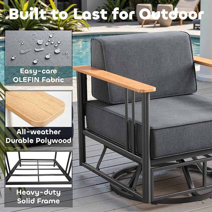 Luxury Outdoor Furniture Set with Swivel Chairs, 7 PCS Patio Furniture Set with 6" Extra Thick Cushions, Suitable for Porch, Balcony, Deck, Patio, Yard, Poolside, Black/Grey