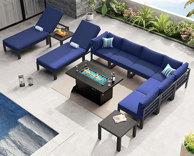 NICESOUL 11 Piece Large Modern Aluminum Patio Furniture Set, Water & Fade Resistant Modular Outdoor Conversation Set with Lounge, 500 lbs Heavy Duty Comfortable Sectional Sofa for Poolside, Navy Blue