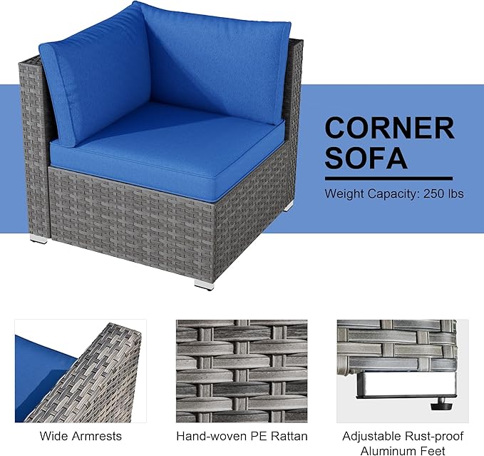 HOOOWOOO Patio Outdoor Sectional Furniture Sofa Set with Swivel Chairs,8 Pieces L Shaped Corner Wicker Rattan Couch Set with Glass Table,Modern 6 Persons Summer Patio Conversation Set(Navy Blue)