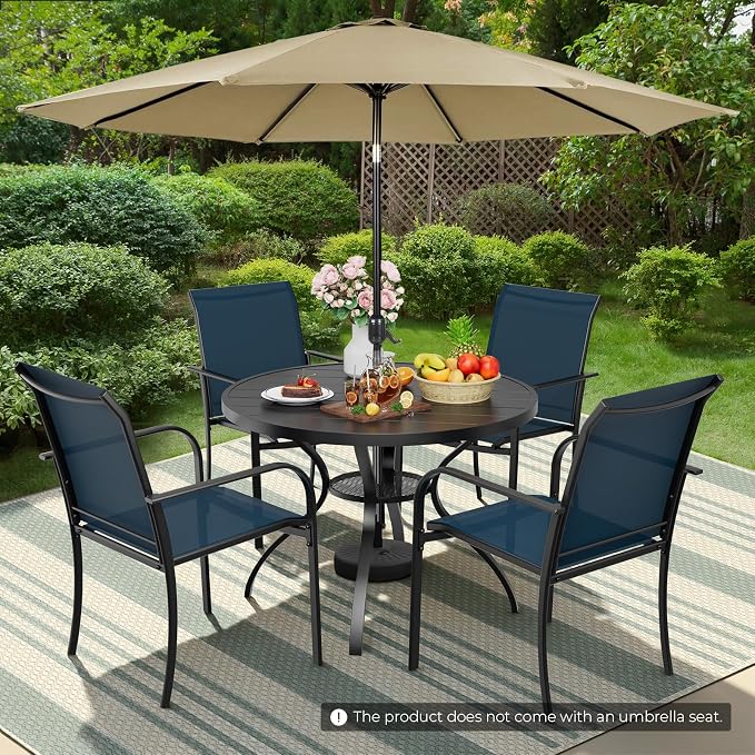 Incbruce 6 PCS Patio Dining Set with Brown Umbrella, Outdoor Dining Set of 4 Textilene Chairs and 41" Round Table with Umbrella Hole for Backyard, Garden, and Poolside (Blue)