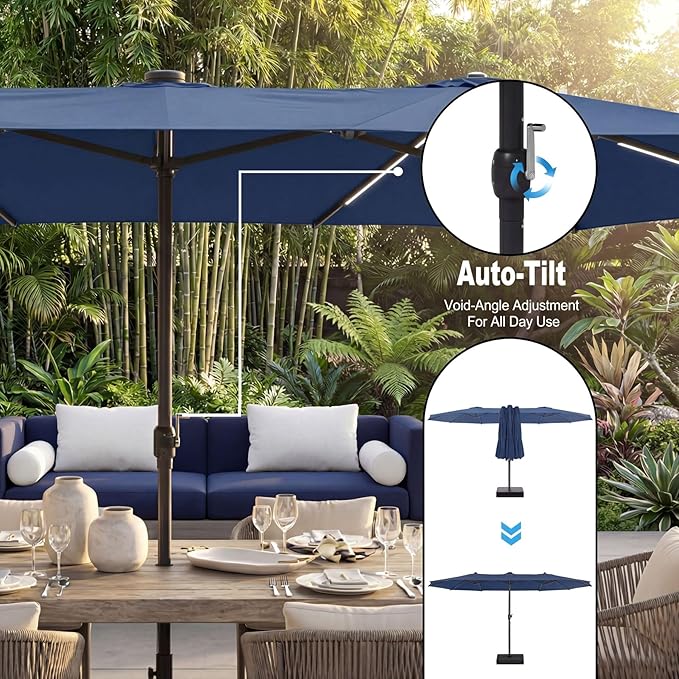 15FT Patio Umbrella with Solar Light Bar, Large Double-Sided Outdoor Table Umbrella with Base, Crank, Steel Ribs and Pole for Patio, Beach Sun Umbrellas for Backyard, Poolside, Navy Blue