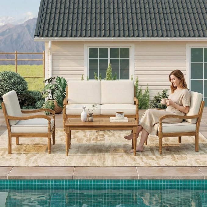 Patio Furniture Set of 4, Outdoor Sectional Furniture with Coffee Table, All-Weather Patio Conversation Set for Backyard, Garden and Poolside, Gray(Series F)