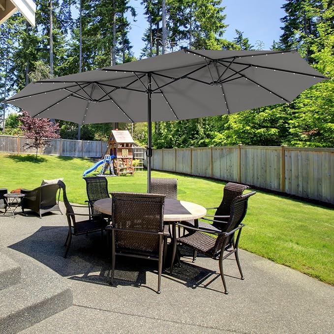 Giantex Large Outdoor Umbrella Double-Sided, 48 Solar Lights, Auto-Charging Solar Panel, Extra Large Patio Umbrella with Base and Crank, Outdoor Market Umbrellas for Poolside Garden