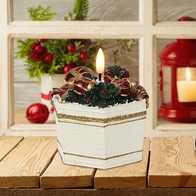DRomance Christmas Flameless Candle Battery Operated with 6 Hour Timer Real Wax 3D Wick LED Flickering Pillar Candle Hand-Colored Painted Cake Gift Box Shaped Holiday Dinner Decor 3.5" D x 4.5" H