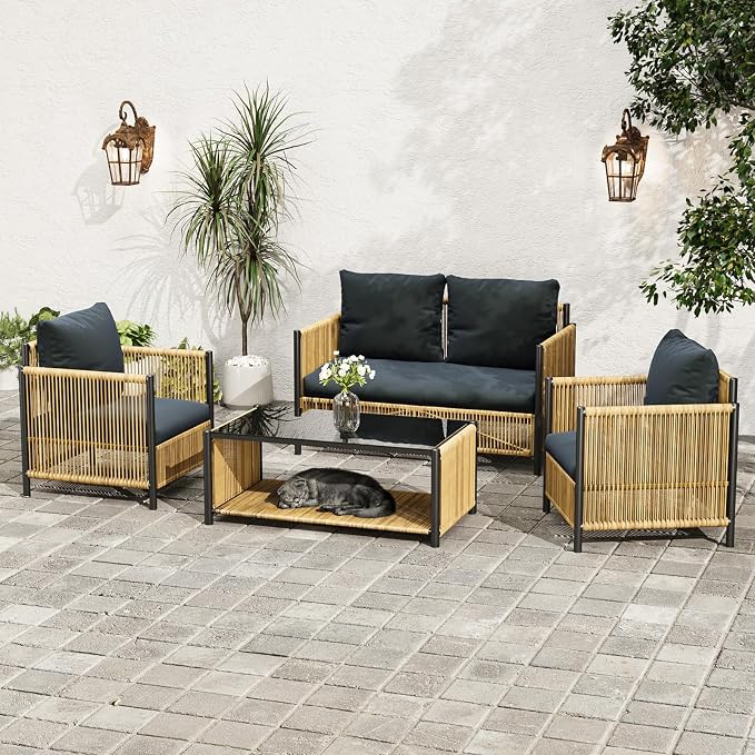 4 Pieces Aluminum Outdoor Patio Furniture Set - 2 Pcs Armchair, Loveseat & Dual-Layer Coffee Table - Rope Sectional Conversation Sofa Sets with Washable Thick Cushion for Garden, Backyard, Porch