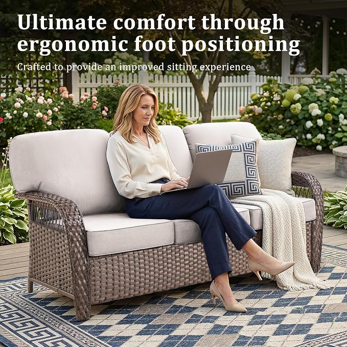 Patio Furniture Set, All Weather 3 PCS Wicker Outdoor Small Sectional Set, 5" Thick Rattan Conversation Set with 3-seat Sofa and Ottoman for Lawn, Garden, Beige/Brown Wicker