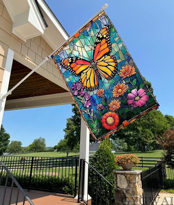 Spring Butterfly Garden Flag Stained Glass Style Floral Flowers Garden Flag Double Sided 28x40 Inch Burlap Yard Lawn Outdoor Decor