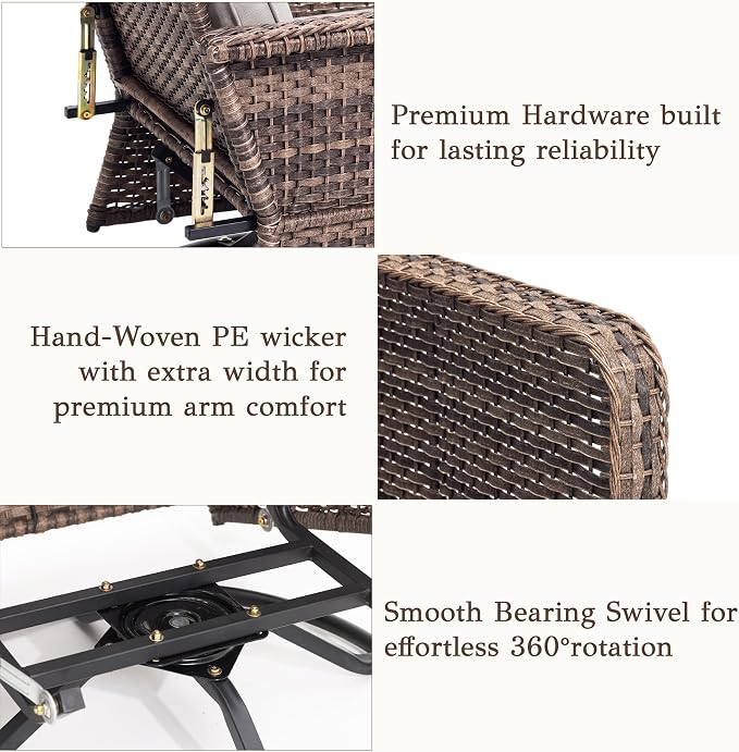 Brafab Outdoor Swivel Recliner Chair Set of 3 - Ergonomic Reclining Patio Chair with Adjustable Backrest and Footrest, All-Weather Wicker Chaise Lounge Outdoor with Side Table