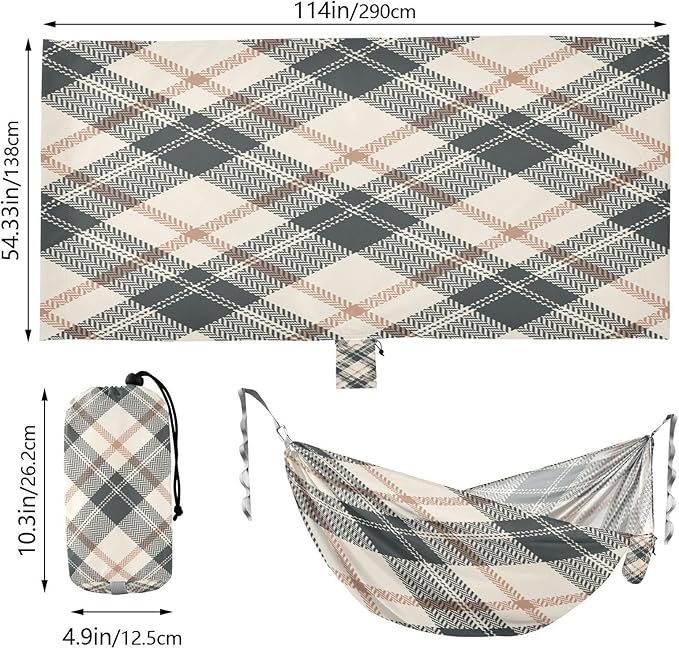 Qilmy French Plaid Camping Hammock Single – 330 lbs Capacity, Lightweight with Tree Straps & Carabiners, Portable for Hiking, Travel, Backpacking