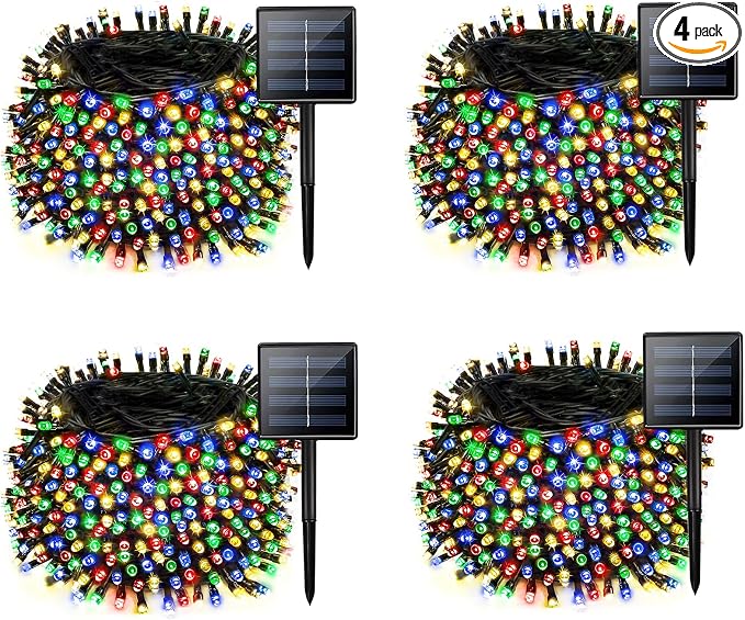 Solar Christmas lights Outdoor 4 Pack 480 LED Solar String Light Multicolor | 170FT, 8 Lighting Modes, Memory Function, Auto On/Off, Waterproof Twinkle Lights for Outside Roof Porch Patios Balcony Decor