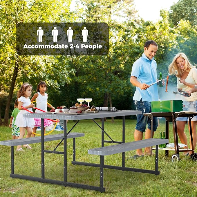 Giantex Picnic Table Bench Set for 4 People, 4.5FT Outdoor Rectangular Dining Table & 2 Benches w/Umbrella Hole, HDPE Tabletop, Metal Frame, Patio Garden Backyard Poolside (4.5FT,Non-Foldable,Gray)