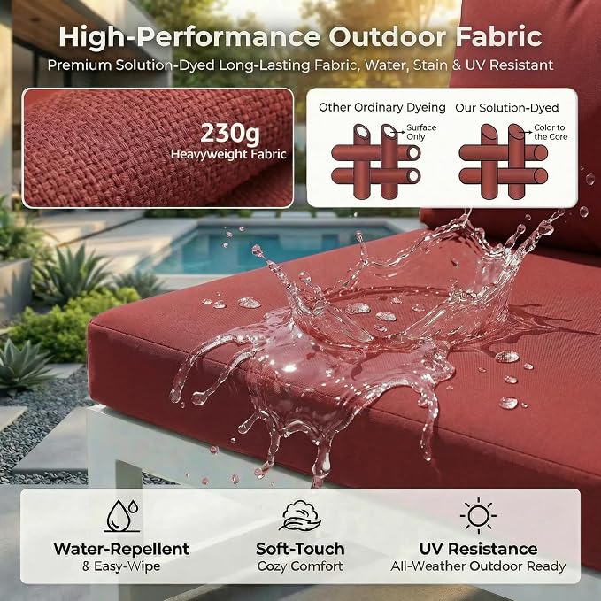 RADIATA 7 Pcs Modern Aluminum Outdoor Patio Furniture Set with Fire Pit Table Propane/Gas, Extra Large All-Weather Modular Sectional Couch, 29 inch Wide Deep Seating Conversation Sofa for Outside, Red