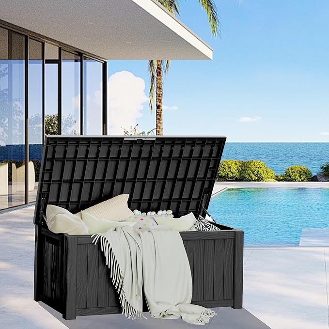 150 Gallon Outside Storage Box & Bench,Lockable&Waterproof Storage Organizer for Patio Furniture Accessories, Garden Tools, Indoor Storage for Cushion, Black