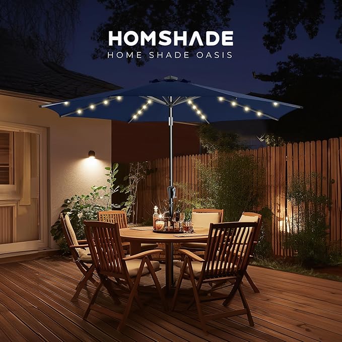 HOMSHADE 9ft Solar Patio Umbrella - Solar Lights LED Lighted Outdoor Market Table Umbrella, UPF50+ UV Protection with Push Button Tilt, Crank for Pool Deck and Garden (Navy Blue)