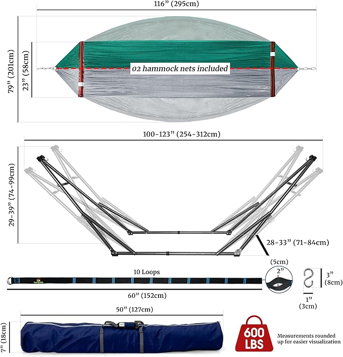 Tranquillo Combo x2 Hammocks with Stand for Outside & Tree Straps, Heavy Duty Hammock with Stand 600lbs for Indoor Outdoor Patio Backyard, x2 Hammocks for 2 Person (Combo - Peacock, Medium)
