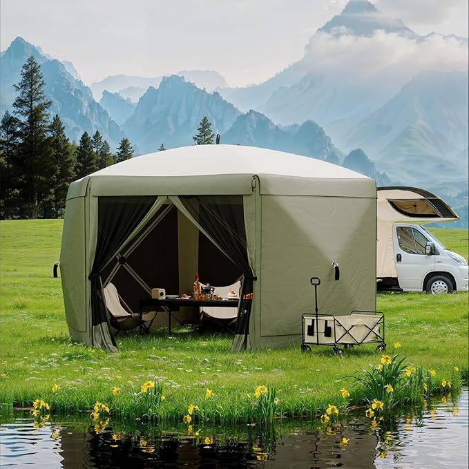 GarveeLife 11.5x11.5FT 6-Sided Pop Up Gazebo Tent，One-Push Setup Canopy Tent with Mesh Panels & Removable Wind Cloths, Outdoor shelter for Camping, Backyard Parties, Outdoor Events - Army Green
