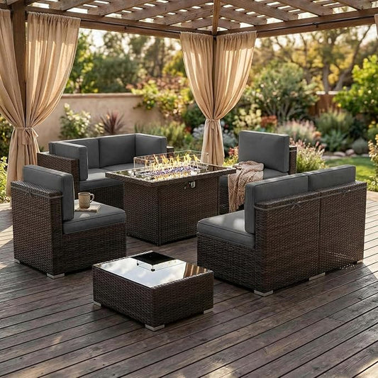 8 Pieces Patio Furniture Set with 44" Propane Gas Fire Pit Table, Outdoor Sectional Brown Rattan Wicker Conversation Sofa Sets with Coffee Table
