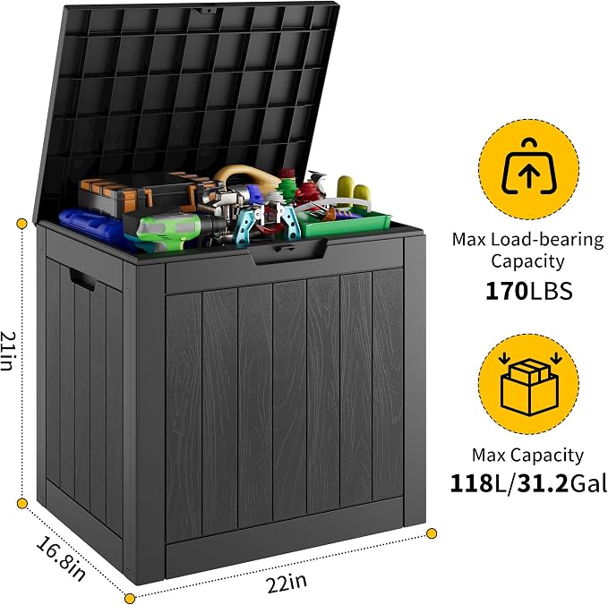 31 Gallon Outdoor Storage Box, Waterproof Resin Deck Box with Lockable Lid – Storage Cabinet for Patio Furniture, Pool Supplies, Garden Tools – Indoor & Outdoor Use