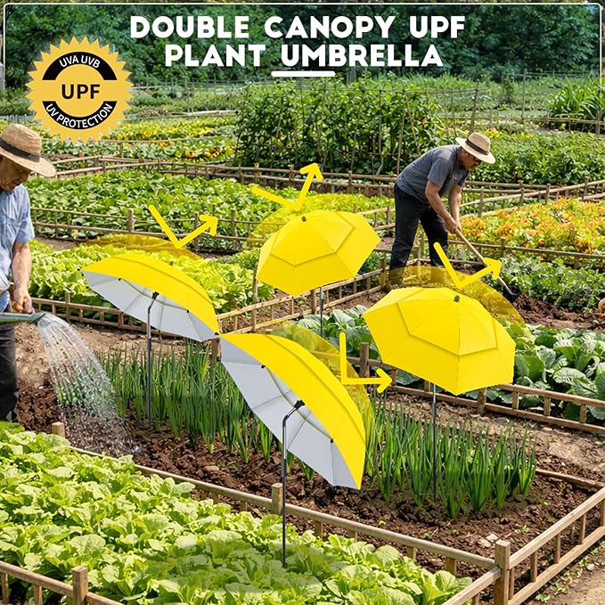 4 Pack 24.9" Double Canopy 47.2" Height Plant Umbrellas for Outdoor Plants, 3D Stakes 360° Adjustable Plant Shades for Outdoor Plants, Garden