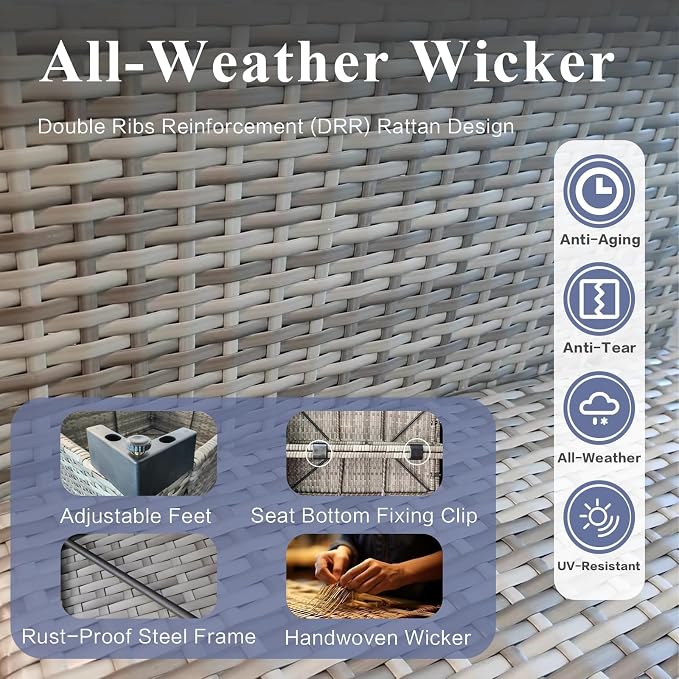 7-Piece Outdoor Rattan Sectional Sofa Set, Wicker Patio Furniture with Coffee Table, Grey Cushions, Patio Conversation Set for Your Villa, Balcony, Porch, Backyard