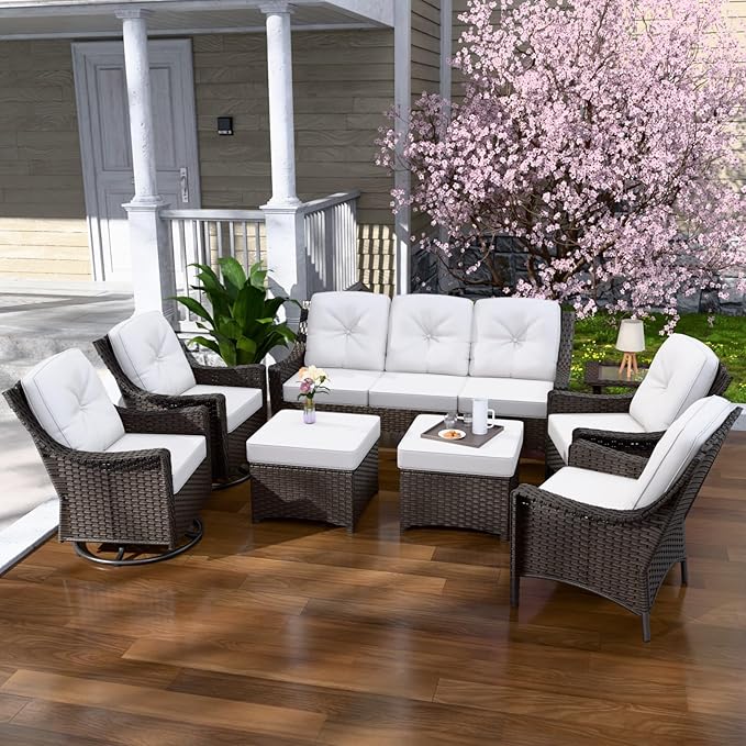 Stone Creek Outdoor Furniture Set with Swivel Rocking Chairs, Patio Chairs, 3 Seater Couch, Side Table & Ottomans, Wicker Patio Conversation Set, Balcony Furniture, 8 Piece, Brown/Beige