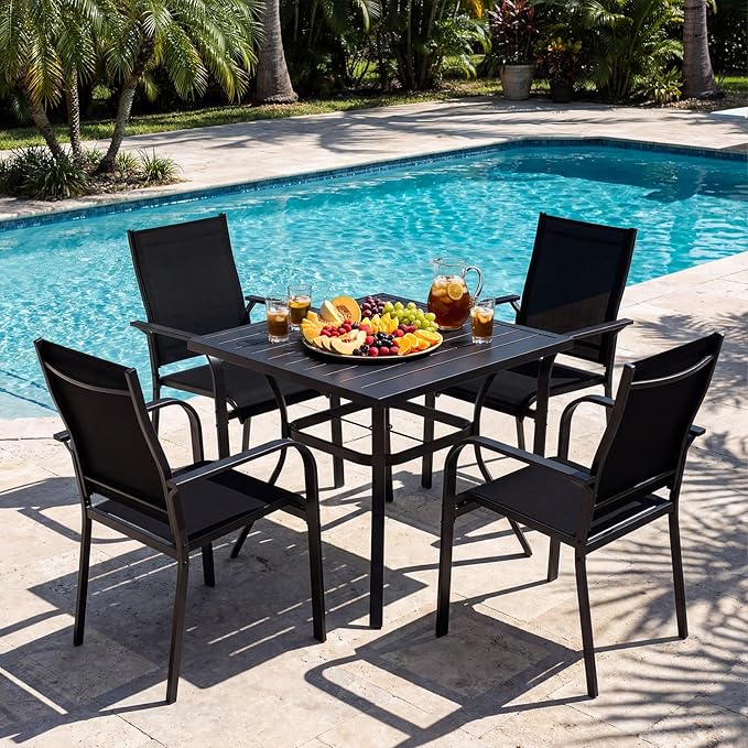 Tangkula 5 Pieces Patio Dining Set for 4, Outdoor Square Table and Stackable Chairs with Umbrella Hole, Outside Furniture Set for Backyard, Garden and Deck (37",Black)