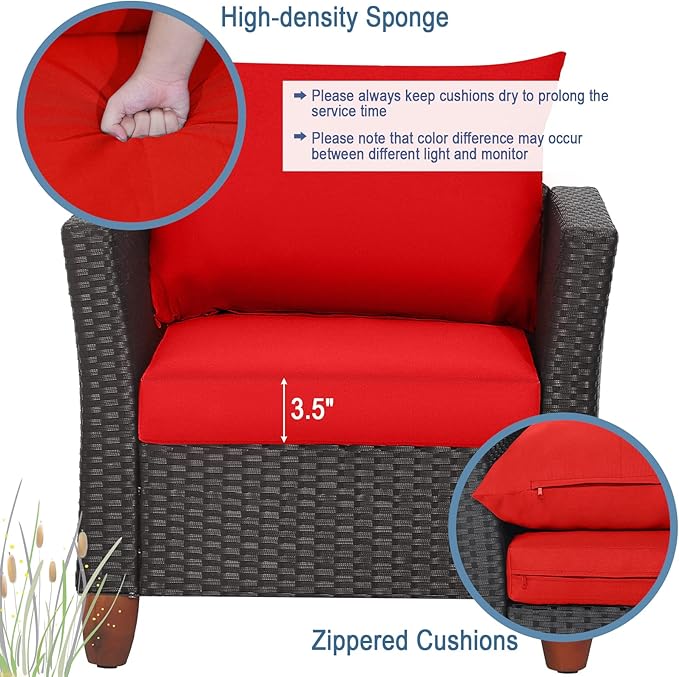 Tangkula 3 Piece Patio Furniture Set, Patiojoy Outdoor Wicker Rattan Bistro Sofa Set w/Washable Cushion, Acacia Wood Top Coffee Table, Conversation Set w/Adjustable Feet for Balcony Backyard Porch